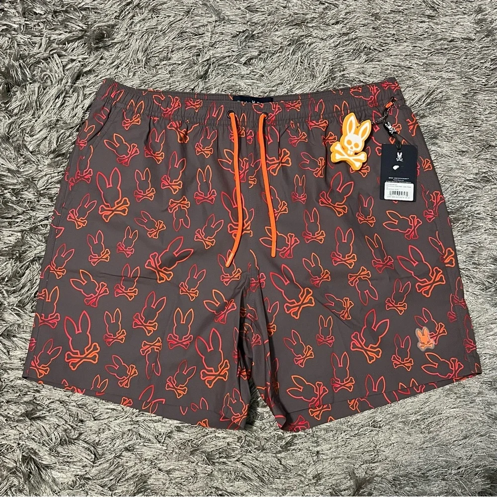 PSYCHO BUNNY Men's Red Sheldon All Over Print Swim Trunk - Picture 1 of 6